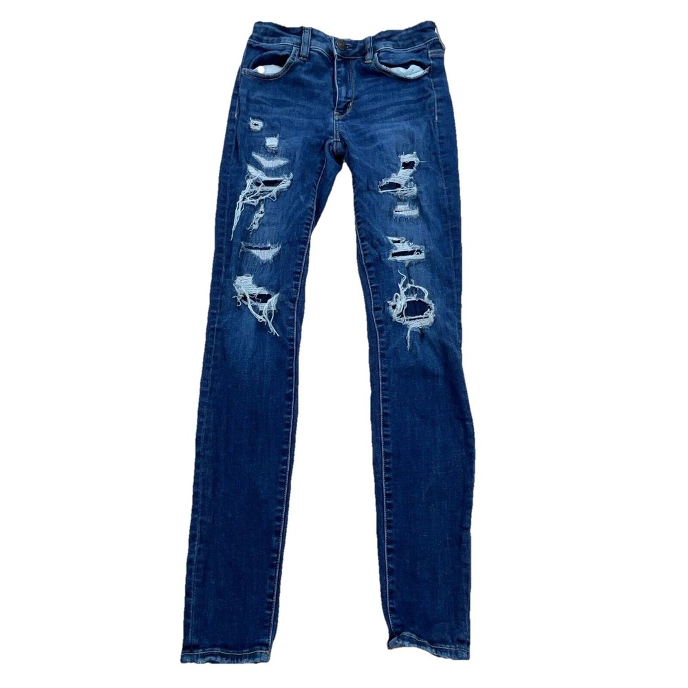 American Eagle Jeans Women 4 Long Jegging Dark Wash Faded‎ Ripped Holes Pants PP